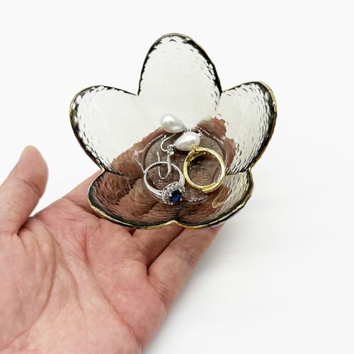 Flower Ring Dish Jewelry Tray, Glass Jewelry Dish Tray, Cute Room Decor Small Trinket Dish, Nightstand Jewlery Ring Holder, Bathroom Jewlery Plate Bowl for Earring Gift for Women (Smoky Black) - color: Smoky Black