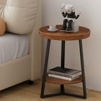 Gadroad Round End Table with Storage Shelf, 2 Tier Farmhouse Side Table Nightstand for Living Room, Bedroom, Wood Tabletop & Black Metal Frame, Brown 15.7 * 15.7 * 23.0inches - color: Brown, style: No Charging Station