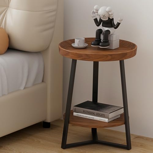 Gadroad Round End Table with Storage Shelf, 2 Tier Farmhouse Side Table Nightstand for Living Room, Bedroom, Wood Tabletop & Black Metal Frame, Brown 15.7 * 15.7 * 23.0inches - color: Brown, style: No Charging Station