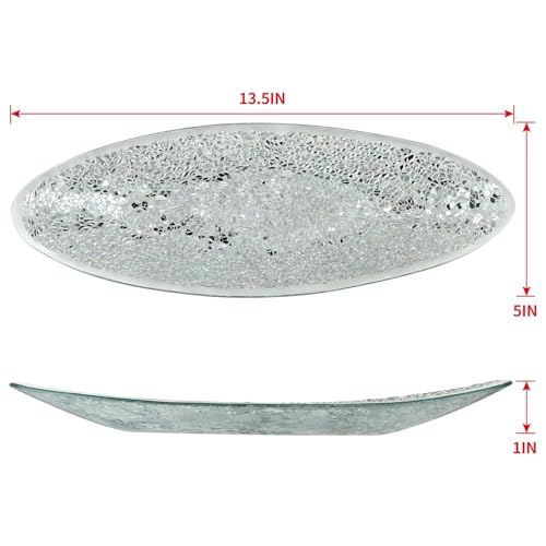 MDLUU Small Glass Mosaic Decorative Silver Boat Shaped Tray, Living Room Table Centerpiece Bowl, Home Decor Accent Plate for Orbs, Candles, Potpourri