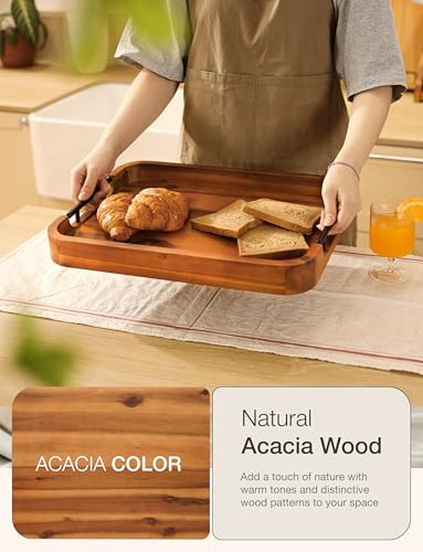 TIDITA Ottoman Tray for Living Room – 17"x13" Rectangle Serving Tray with Handles – Wooden Tray for Coffee Table, Living Room, Breakfast in Bed – Decorative Trays for Ottoman or Couch (Acacia Wood) - color: Acacia Color, size: 17" x 13" x 2"