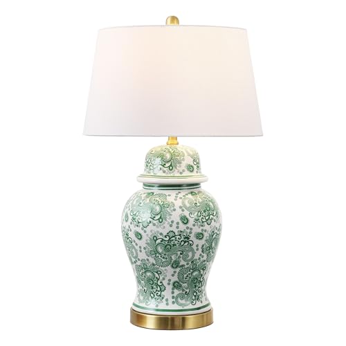 JONATHAN Y 29.5" Green/White Ceramic Table Lamp for Living Room and Office, White Linen Drum Shade, Traditional Chinoiserie Ginger Jar Lamp, LED Bulb Included (JYL3008D) - color: Green/White