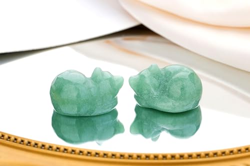 QINJIEJIE Green Aventurine Cat Crystals Decor Sleeping Cat Statue Healing Stone Decor Gifts Hand Carved Gemstones Figurine Office Room Home Desk Decorations Cute Gem Lucky Energy Gifts for Women Men - color: G-green-green Aventurine, size: 1.5 inches