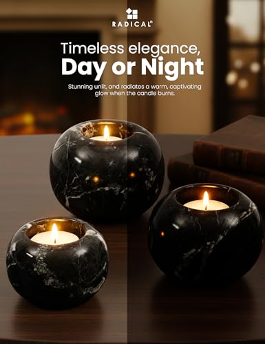 Radicaln Marble Tealight Candle Holder 4" Inches Black Handmade Candle Accent for Home Decor, Ideal Set of 3 Small Votive Candle Holders & Marble Taper Holder for Table Centerpieces - color: Black