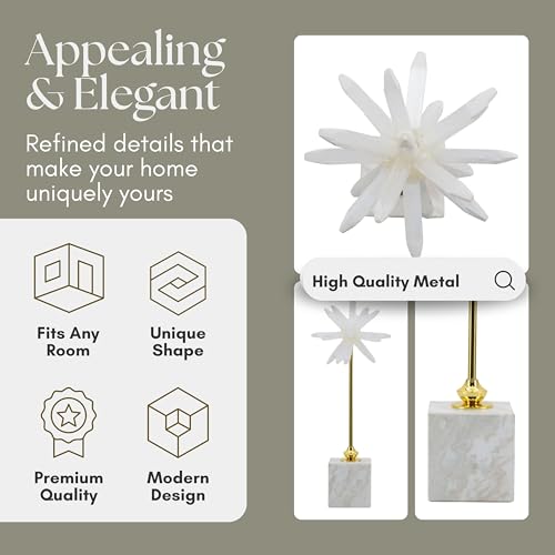 Mystique Small Starburst Statuary – Modern Decorative Object with Marble Base, Metal Stem and Sculptural Flower Top – Contemporary Home Decor Accent for Shelves Tables and Desks, 17", White & Gold - size: 17"