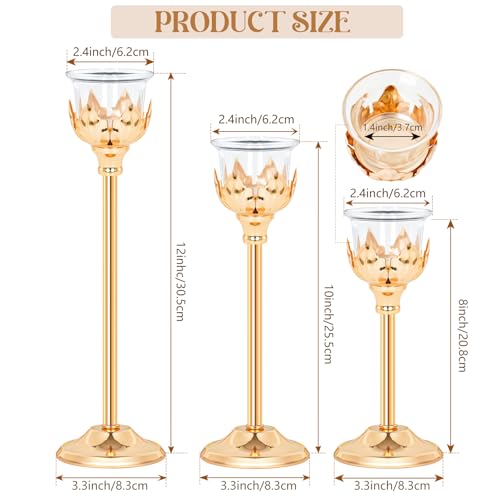 Set of 3 Metal Tea Light Candle Holder with 3 Glass Cups, 12/10/8 Inch Elegant Tealight Candelabra Centerpiece for Wedding Table Decor, Tiered Home Party Decoration (3, Gold) - color: Gold