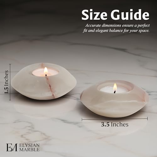 Tealight Candle Holders Set of 2 – Handcrafted Natural Marble Tea Light & Votive Holders, Decorative Stone Candle Holder Pair for Home Décor, Dining Table, Coffee Table & Wedding Decor - color: White Onyx, size: 3.5" Inches