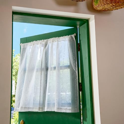 jinchan Semi Sheer Kitchen Curtains for Window 24 Inch Mini Pom-Pom Voile Tier Curtains Light Filtering Small Drapes for Bedroom Living Room Rod Pocket 2 Panels Linen Whisper - color: Dottie Linen Whisper, size: 26"W x 24"L (Pack of 2)