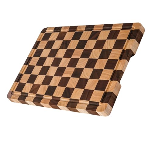Wood Cutting Boards for Kitchen Wooden Chopping Board Set Checkered Cutting Board Upgraded with Juice Grooves & Handles Large Charcuterie Tray for Home Kitchen, Rubber Wood, 16.5''X11.4''X0.8''