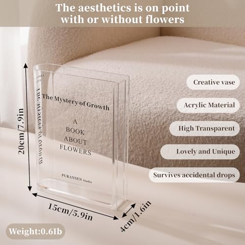 Puransen Clear Book Flower Vase - Floral Bookshelf Decor, Acrylic Flower Holder & Space-Saving Organizer, Modern Home Office/Study Desk Minimalist Aesthetic (Not Including Flowers) - color: Clear - B
