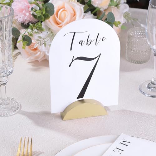 UNIQOOO 10 Pack 3.3" Arch Gold Wood Stand with 1/8" Slot, for Wedding Acrylic Table Number Sign, Wedding Display Stand, Card Holder, Great for Bar Menu, Retail Sign, Party and Events - color: Acrh Gold Wood