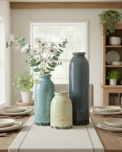 Morandi Ceramic Vase Set of 3 – Handmade Pottery Vases, Glazed Vintage Decor for Living Room, Table Centerpiece & Modern Rustic Home Styling - color: Morandi Colors01