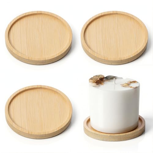 Wood Candle Holder Farmhouse Decor, 4PCS Wooden Pillar Candles Tray, Rustic Wooden Candle Stand, Round Woodens Plate Pedestal Stand, Candles Tray Decorative for Living Room, Table Centerpiece