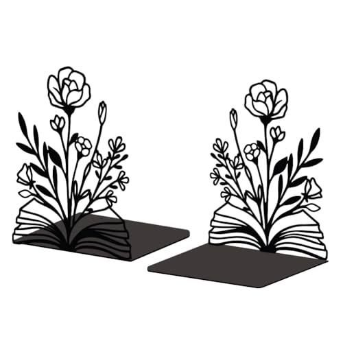 Peacoblue Metal Bookends for Shelves, Modern Decorative Heavy Duty Study Book Support Stoppers for Office, Desk, Shelf, Room 5.3"x4.3"x7.9" Cast Iron Simple Tall Bookends, 1 Pair (Books and Flowers) - style: Books and Flowers