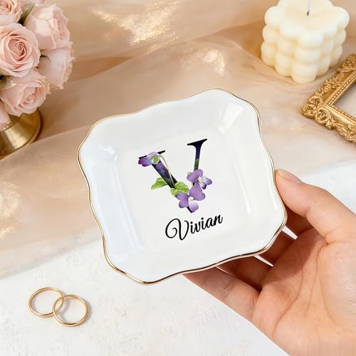 Custom Ceramic Ring Dish, Personalized Jewelry Tray with Initial, Earrings Necklaces Bracelet Watch Keys Trinket Holder for Nightstand, Mothers Day Bridesmaid Bestie Gift for Women - color: Initial & Name