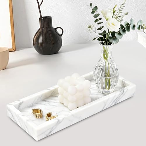 Natural Marble Tray, Stone Tray for Bedroom/Bathroom/Kitchen/Vanity Countertop, Jewelry Tray for Rings Earrings Necklace Bracelet Watch, Room Decor Aesthetic - color: Carrara White, size: 11.8" x 5.1" x 1.2"