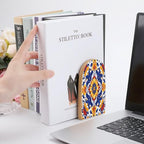 Wood Bookends 2 Pack, Hippy Mexican Talavera Mandala Non-Skid Heavy Duty Bookends for Shelves & Desks, Decorative Book Holders/Supports for Home Office/Library/School, 5x3x3.9 Inch