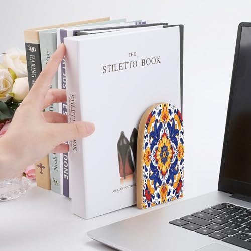 Wood Bookends 2 Pack, Hippy Mexican Talavera Mandala Non-Skid Heavy Duty Bookends for Shelves & Desks, Decorative Book Holders/Supports for Home Office/Library/School, 5x3x3.9 Inch