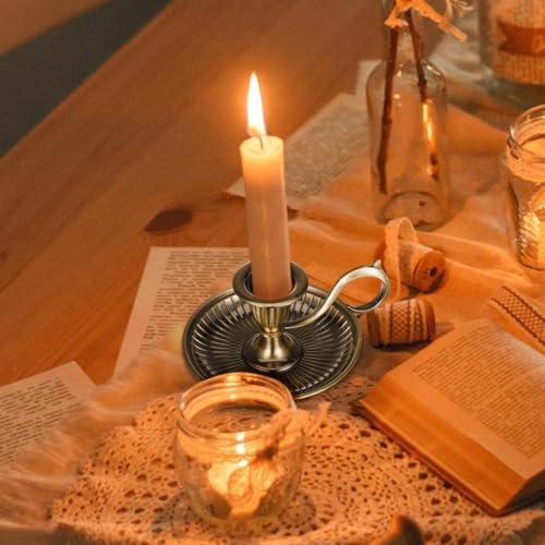 DECHOUS Taper Candle Holder Vintage: Antique Brass Candlestick Holder with Handle - Hand Held Bronze Chamberstick Candleholder for Home Table Centerpiece Wedding Party