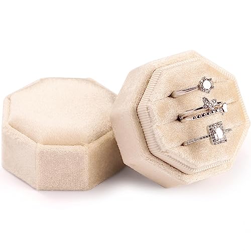 WantGor Velvet Ring Box, 3 Slots Jewelry Ring Gift Box Vintage Ring Display Holder Case for Wedding Ceremony Proposal Engagement (Champagne) - color: Champagne