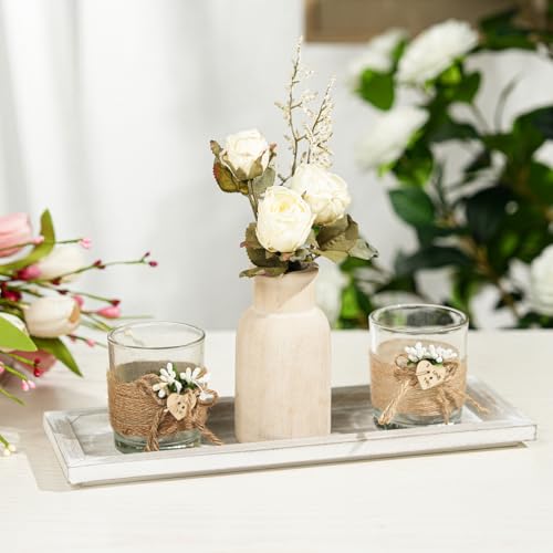 Romadedi Wooden Decorative Tray Candle Holder - 13.5 inch Wood Long Narrow Tray Home Decor Small Rustic Farmhouse Centerpieces Trays for Coffee Table Dining Room Living Room, Whitewashed