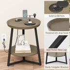 Gadroad Round End Table with Charging Station, USB Ports, Wood Tabletop & Black Metal Frame, 2-Tier Side Table for Living Room, Bedroom, Walnut Color 15.7 * 15.7 * 23.0inches - color: Walnut, style: with Charging Station