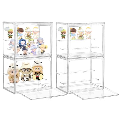 Acrylic Display Case,4 Pack 3 Layer Clear Display Case Adjustable Display Box Stand with 2 Movable Dividers Small Showcase Magnetic Door for Collections Mini Figures - size: S-4pack