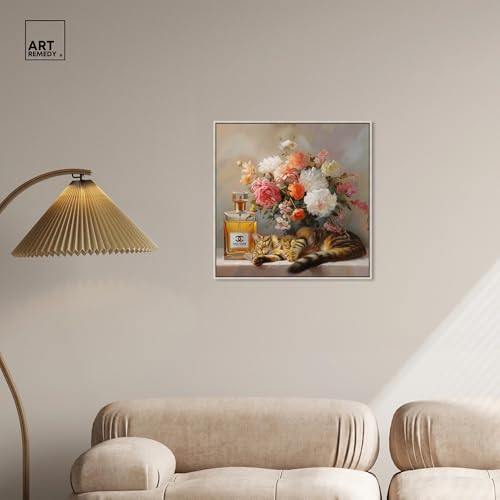 Art Remedy Cat Floral Vase Perfume Canvas Fashion Pet Art, Silver Frame, 24" x 24" - color: Silver Frame, size: 25"L x 25"W