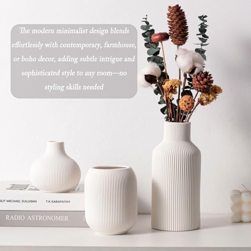 Ceramic Vase Set of 3, Decorative Vases Home Decor Modern Minimalist Pottery Vases for Bouquet Pampas Grass Dried Fresh Flowers, Bookshelf, Living Room, Shelf, Bedroom, Entryway Mantel Decor-White - color: White