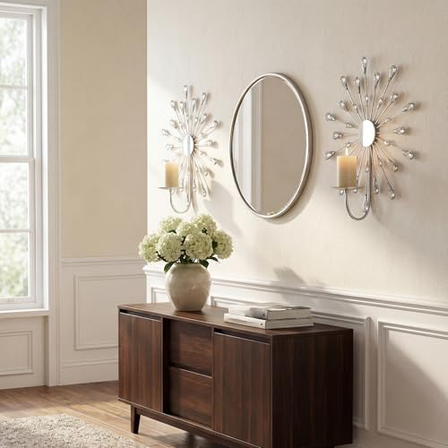 Crystal Rhinestone Wall Candle Sconces Set of 2 Bling Diamond Metal Sunburst Candle Holders Iron Decorative Wall Mounted Holders for Living Room Bedroom Bathroom Silver - color: Silver