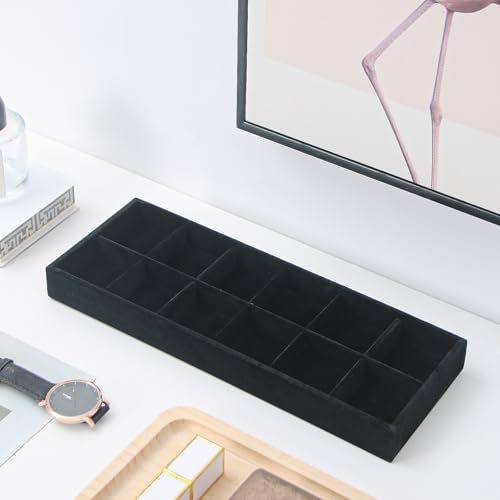 Divided Drawer Organizer, Velvet Jewelry Storage Tray for Necklace, Bracelet, Ring, Earring Display - Bedside Nightstand Desk Holder for Phone, Watch, Sunglasses, Cosmetics Storage/Black/12grid - color: Black, size: Grid12