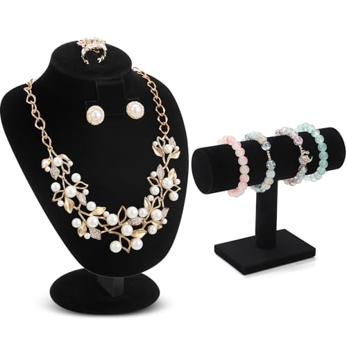 RattanView 2 Pcs Black Velvet Jewelry Display Set Necklace Mannequin Bust Stand T Bar Bracelet Holder for Retail Home Decor - color: Black