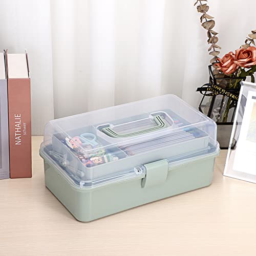 BTSKY 3-Layer Plastic Dividing Storage Box Craft Organizer and Storage with Adjustable Spacers Portable Handled Art Supply Organizer Multipurpose Home Utility Box for Medicine Sewing(Haze Green) - color: Haze Green