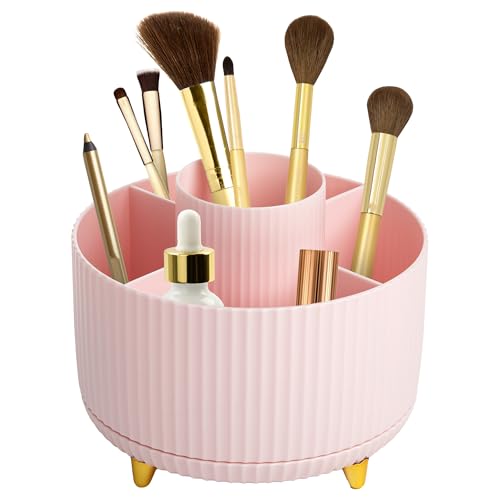 Paris Hilton 360° Rotating Makeup Brush Holder, Fluted Design with 5 Compartments, Glam Organizer for Brushes & Tools, Pink - style: Brush Holder