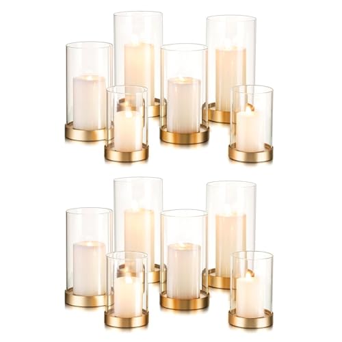 Hewory Hurricane Candle Holder for Pillar Candles: Gold Votive Candle Holders Set of 12, Glass Hurricane with Metal Candle Plate, Pillar Candle Holder for Table Centerpiece Wedding Holiday Home Decor - color: Gold, size: 12PCS