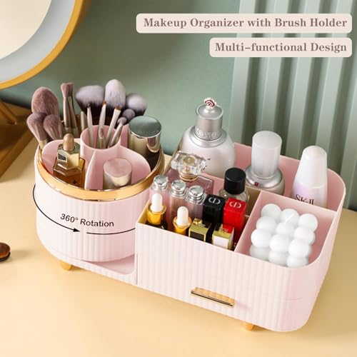 Rotating Makeup Organizer for Vanity with Brush Holder and Drawer, Cosmetic Makeup Storage, Large Spinning Makeup Skincare Organizer, Countertop Makeup Perfume Organizer, Lotions Display Case (Pink) - color: With Drawer-Pink