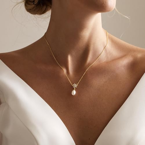 Mothers Day Gifts - 14K Gold Plated Pearl Necklaces for Women Trendy Dainty Necklace Simple Layered Gold Pearl Necklace for Women Mothers Day Wedding Birthday Gifts - color: 5-CZ Pearl necklace