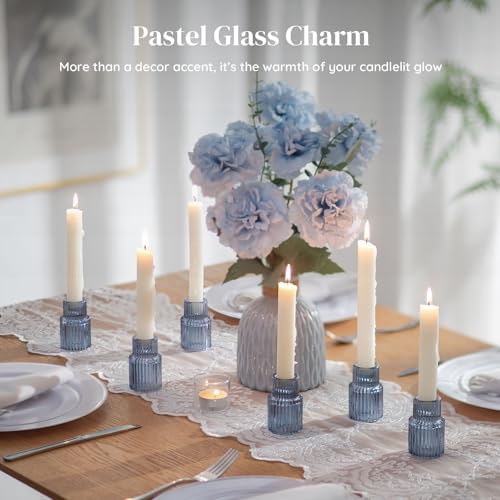 Glasseam Candle Sticks Holder Decor: 2 Pcs Ribbed Glass Blue Candlesticks Holders Modern Fluted Taper Candle Holders for Table Centerpiece Wedding Decorations Dinner Party Home Decor - color: Blue