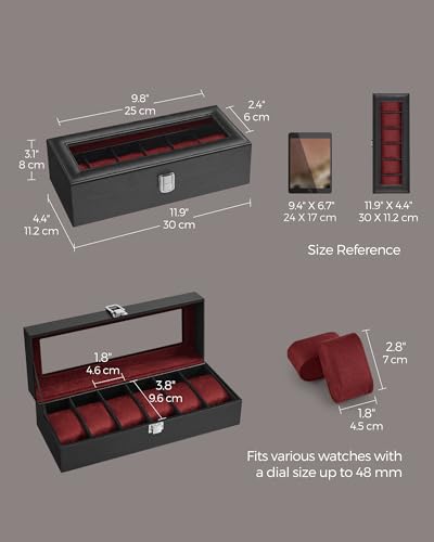SONGMICS Watch Box, 6-Slot Watch Case Organizer with Large Glass Lid, Removable Pillows, Gift for Loved Ones, Black Synthetic Leather, Wine Red Lining UJWB006R01 - color: Black + Wine Red, size: 6 Slot