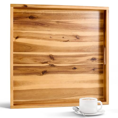 TIDITA 20 x 20 inch Square Wooden Ottoman Tray – Large Wooden Tray for Ottoman, Extra Large Ottoman Tray for Living Room, Coffee Table & Decorative Use (Acacia Color) - color: Acacia, size: 20" x 20" x 2.4"