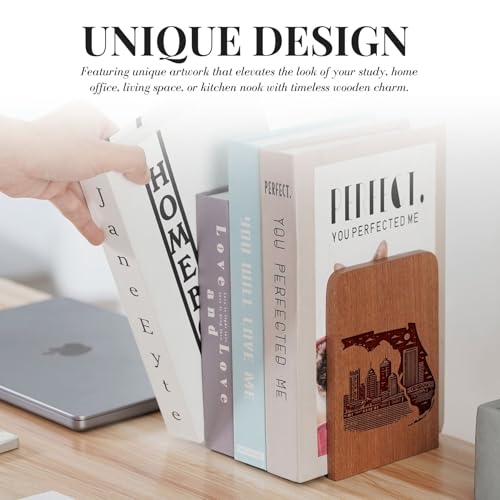 Florida Gifts for Women Men, Florida Themed Souvenirs - Heavy Duty Iron & Ebony Wood Book Ends for Shelves Bookcase Desk - 1 Pair, 4.72x6.69 Inches - Cityscape - color: Cityscape