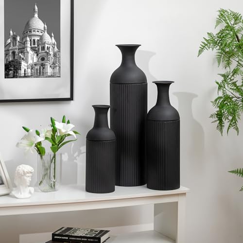 Sziqiqi Black Tall Floor Vase: Large Ribbed Metal Vases 27/20/16in for Living Room, Modern for Pampas Grass, Oversized Standing Vase for Fireplace, Home Corner, Hallway, Office - color: Black