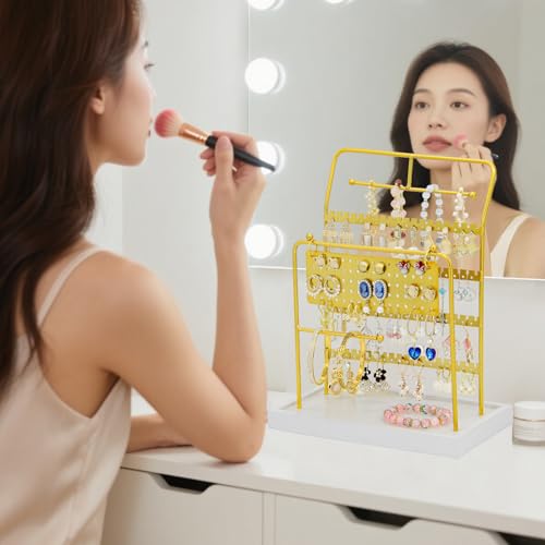 Jewelry Organizer Stand Metal Jewelry Display Rack with Wooden Tray Necklace Stand Partitioned Storage for Rings, Earrings and Bracelets Jewelry Rack(Gold) - color: Gold-White Tray