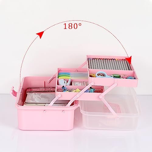 BTSKY 3-Layer Plastic Dividing Storage Box Craft Organizer and Storage with Adjustable Spacers Portable Handled Art Supply Organizer Multipurpose Home Utility Box Organizer (Pink) - color: Pink
