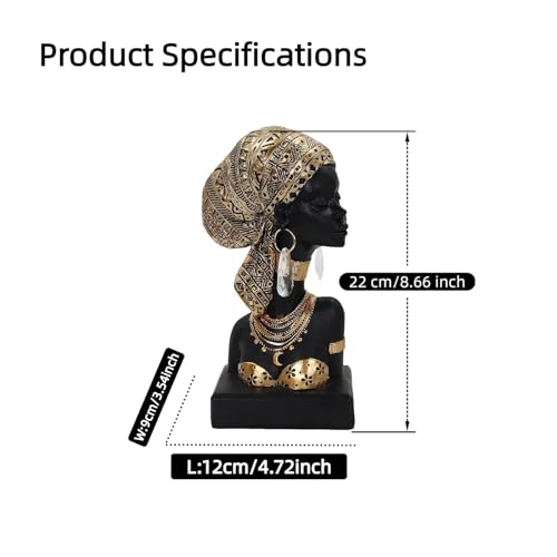 African Woman Resin Bust Sculpture with Crystal Earrings – Tribal Lady Figurine in Gold Headdress for Home Decor, Black and Gold Accent Statue for Shelf, Table, Office, Gift for Women - color: 317gold