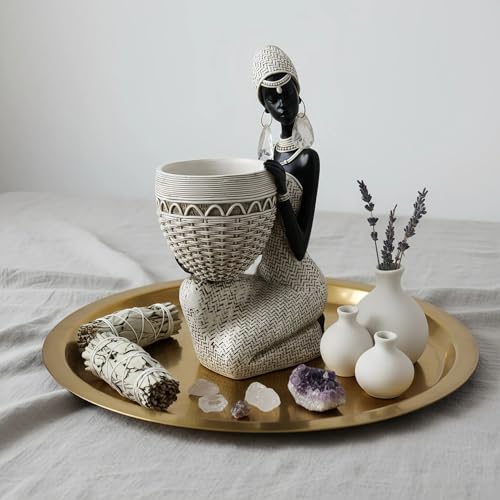 Lescafita Handmade White African Tribal Woman Sculpture - Crystal Earrings & Basket Statue, Ivory Resin Home Decor for Modern Shelves/Tables, Elegant Housewarming Gift (9.65" H) - color: 305-white