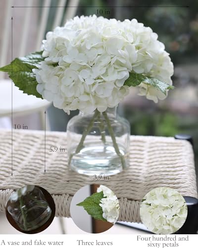 CHASMILE Real Touch Artificial Flowers Whith White Hydrangea in Vase for Home Decoration, Fake Flowers Centerpieces for Tables, Lifelike Fake Hydrangea in Vase for Bathroom, Office and Water Bar - color: White