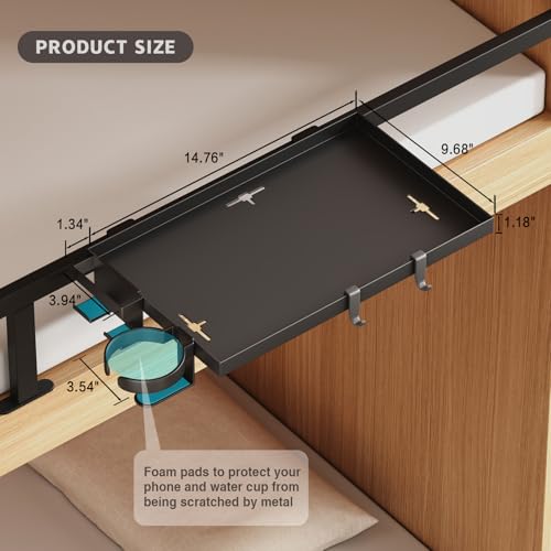 Magheo Bedside Shelf Foldable, Metal Clip-On Bed Shelf for Top Bunk Heavy Duty Bed Side Table Tray for College Dorm Essentials, Loft Nightstand Organizer Tray with Removable Cup & Phone Holder(Black) - color: Black