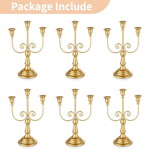 NUPTIO Gold Candlestick Holders for Table: Vintage Candelabra for Taper Candles - 3 Arm Candle Stick Holder Bulk Set of 6 for Birthday Party Fireplace Centerpiece - color: 3-arms Gold, size: 6 Pcs