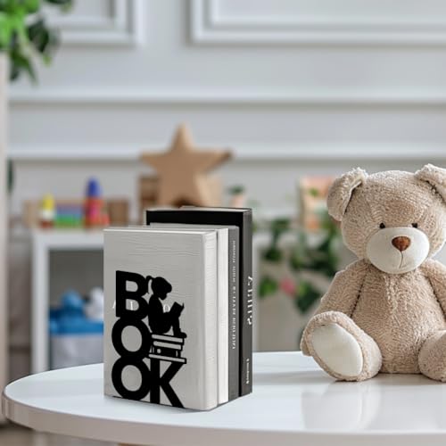 Peacoblue Metal Bookends for Shelves, Modern Decorative Heavy Duty Study Book Support Stoppers for Office, Desk, Shelf, Room 5.3"x4.3"x7.9" Cast Iron Simple Bookends, 1 Pair (Book and Reading Girl) - color: Book and Reading Girl